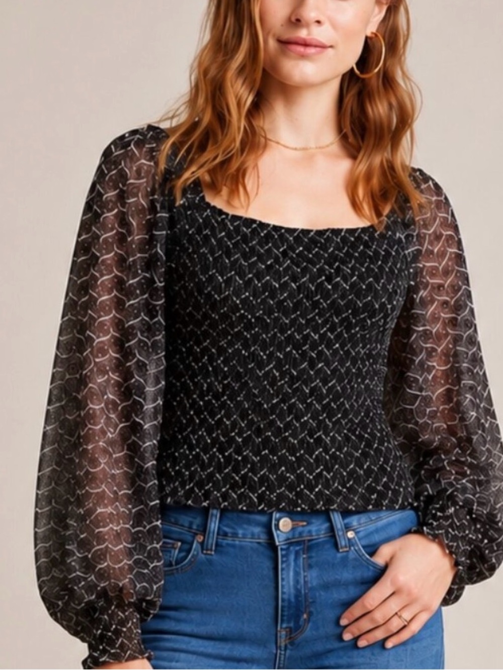 Anthropologie Rouen Smocked Balloon Sleeves Top Size Medium
